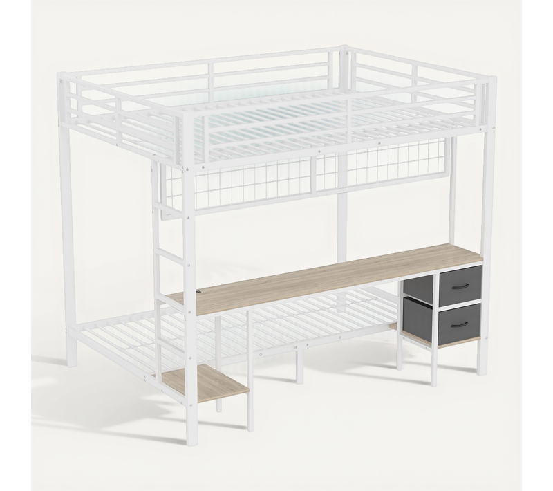 Lit Superposé 140x200+90x200 Cm, Bureau Et 2 Tiroirs, Cadre En Métal Stable, LED 7 Couleurs, Blanc
