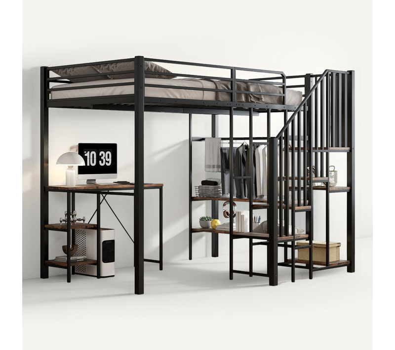 Lit Mezzanine Moderne 120x200 Cm Avec Bureau Et Rangement, Lit Enfant, Métal Et Mdf, Couleur Noire