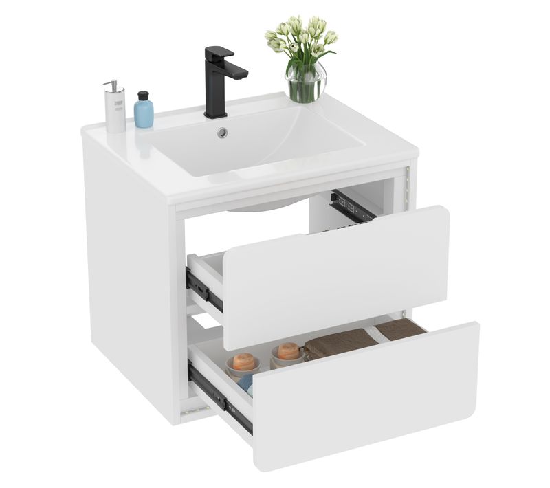 Meuble Vasque Suspendu 60x46x50 Cm, Éclairage Radar LED, 2 Tiroir, Mdf Et Céramique, Blanc