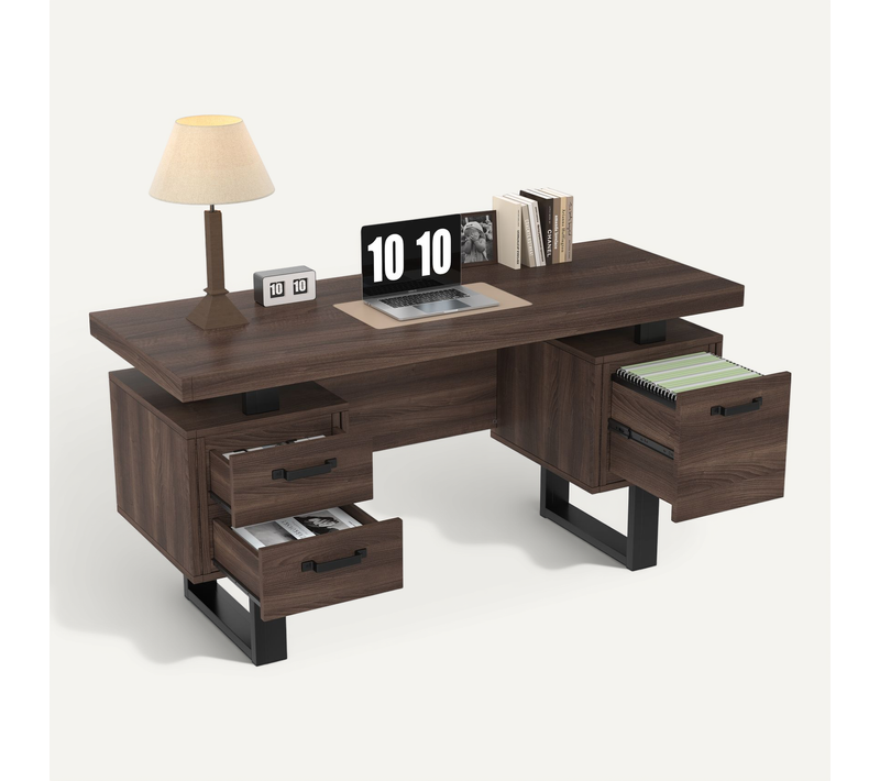 Bureau 135x54x76 Cm, 2 Tiroirs Silencieux Et Rangement Classeurs, Mdf Et Métal, Brun+noir