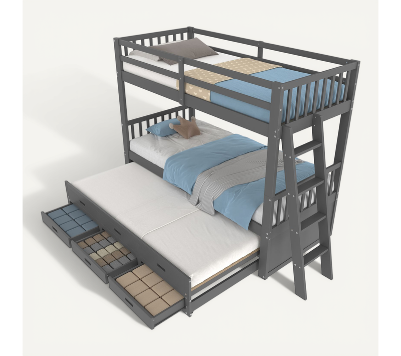 Lit Superposé 90x200 Cm Avec Lit Gigogne 90x182 Cm, 3 Tiroirs De Rangement, Bois Et Mdf, Gris
