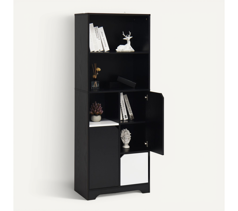 Bibliothèque Moderne 60x35x160 Cm, 1 Tiroir Et 2 Portes, Panneaux De Particules, Noir Et Blanc