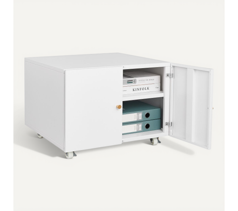 Caisson De Bureau Imprimante 60x40x65 Cm, Rangement Avec 2 Portes, Métal, Blanc