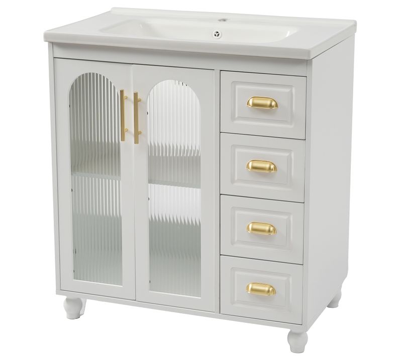 Meuble De Rangement Salle De Bain 80x47x90 Cm, Vasque En Céramique, 3 Portes, 3 Tiroirs, Mdf, Blanc