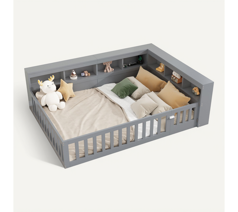 Lit Enfant 140x190 Cm, Prises Et USB Et Rangement Latéral, 7 Niches, Panneaux De Particules, Gris