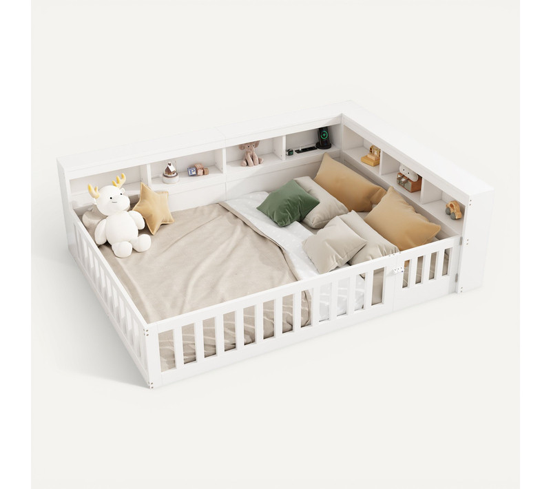 Lit Enfant 140x190 Cm, Rangement Latéral, Prise USB Et Barrière Extensible, Panneaux En Bois, Blanc