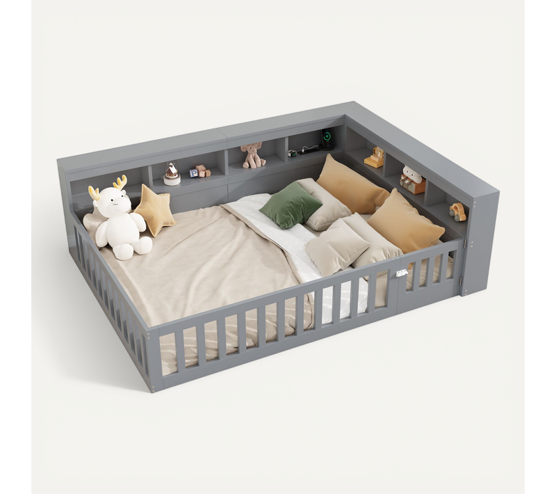 Lit Simple 140x200 Cm, Rangement Avec Prise USB, 7 Niches, Panneau De Particules Et Mdf, Gris