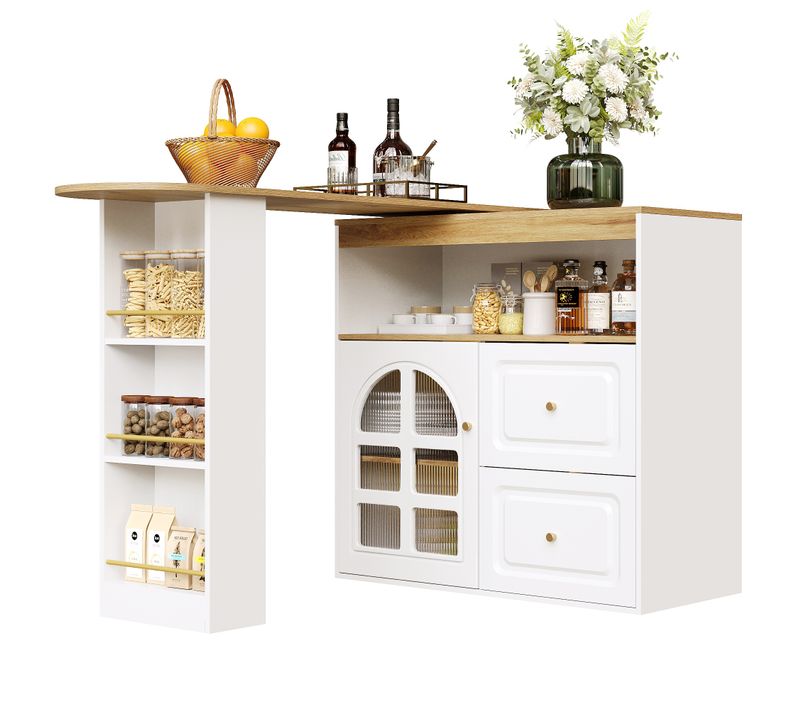 Meuble Bar Rotatif 138-204x39x104 Cm, Motif Bois, Porte En Verre, 2 Tiroirs, Niche, Mdf, Blanc