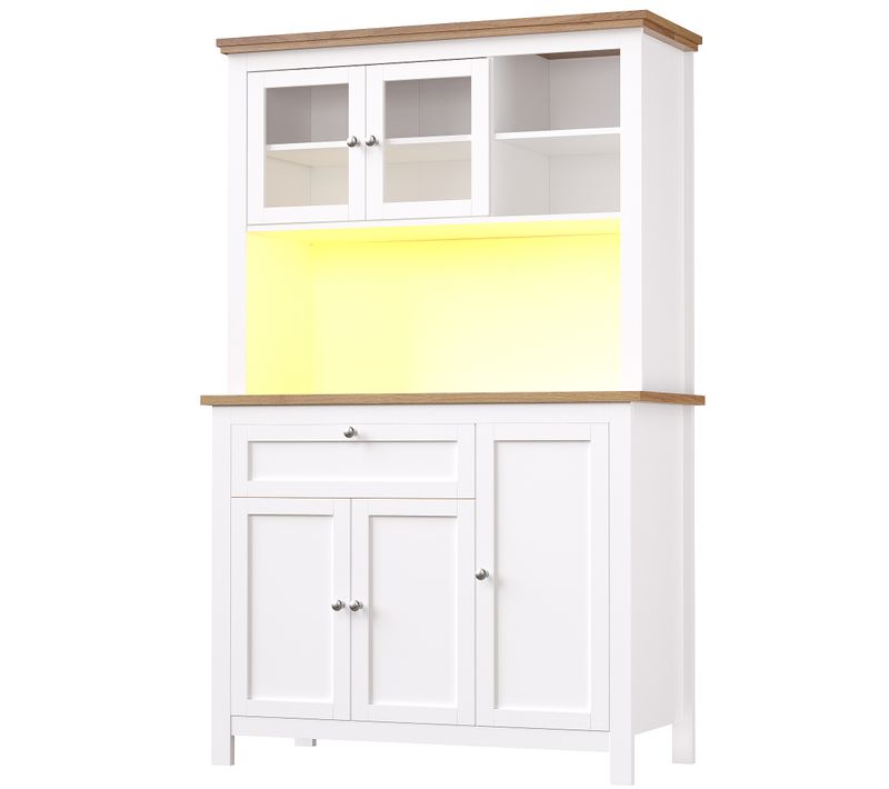 Buffet De Cuisine 104x40x180 Cm, Éclairage LED Par Application, Tiroir, 3 Niches, Mdf, Blanc+bois