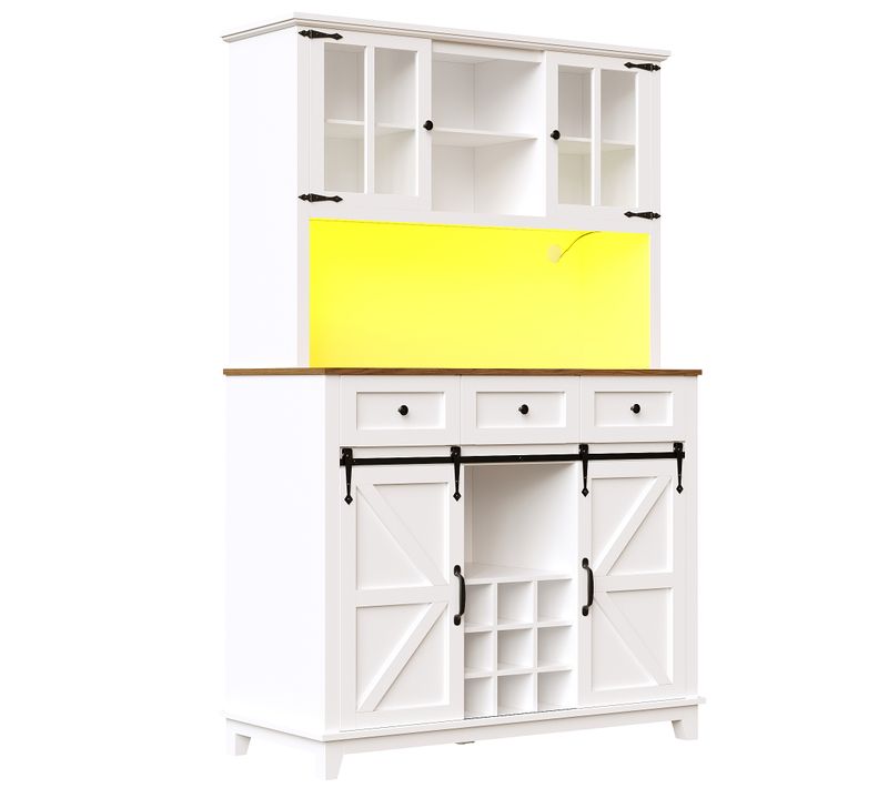 Buffet De Cuisine 105x40x180 Cm, 4 Niches, 3 Tiroirs, Range-bouteilles, LED, Mdf, Blanc+bois