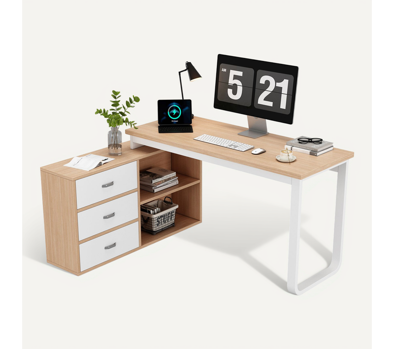 Bureau 147x100x75.3 Cm, Plateau 18 Mm, 3 Tiroirs, 2 Niches Ouvertes, Mdf Et Métal, Blanc+bois