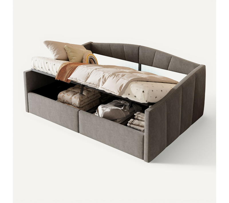 Lit Coffre Double 140x200 Cm, Lit Adulte, Canapé-lit Moderne, Métal, Mdf, Velours Gris