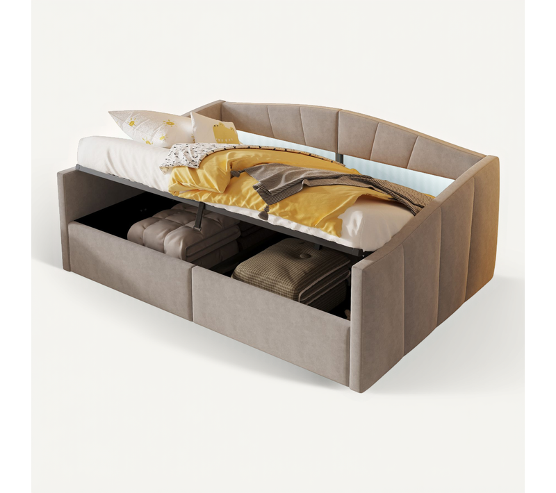 Lit Coffre Double 140x200 Cm, Lit Adulte, Canapé-lit Moderne, Métal, Mdf, Velours Gris Clair