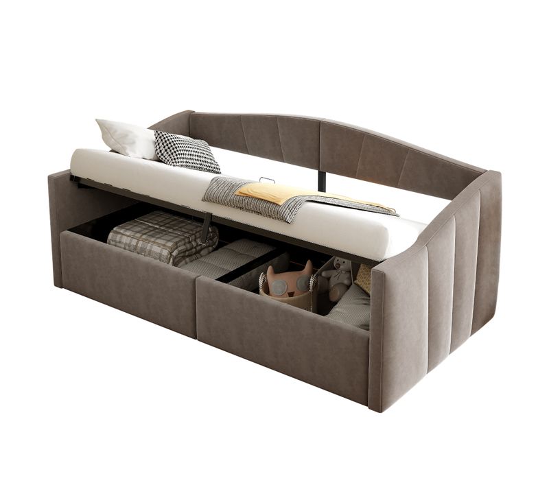 Lit Coffre Simple 90x200 Cm, Lit Enfant, Canapé-lit Moderne, Métal, Mdf, Velours Gris