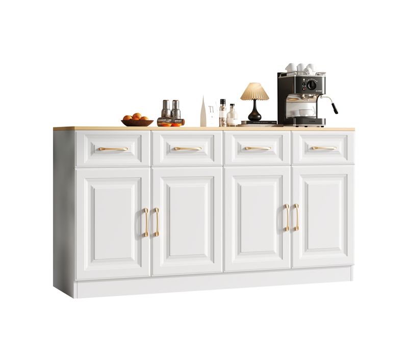 Buffet 140x40x75 Cm, Grand Rangement, 4 Portes Et 4 Tiroirs, Panneaux De Particules, Blanc+bois