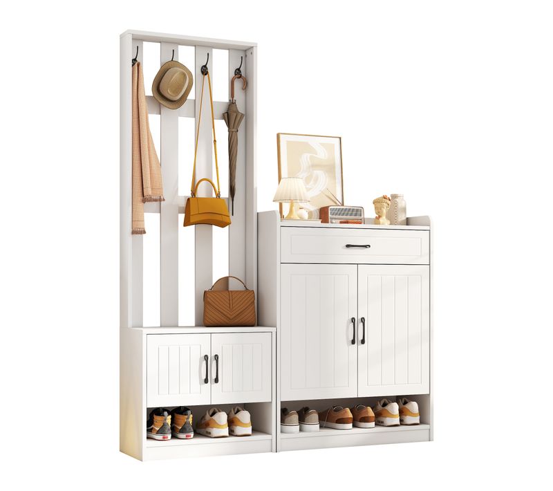 Ensemble Vestiaire 140.6x32x180cm, Banc, Meuble à Chaussures, Crochets, Tiroir, 2 Niches, Pb, Blanc