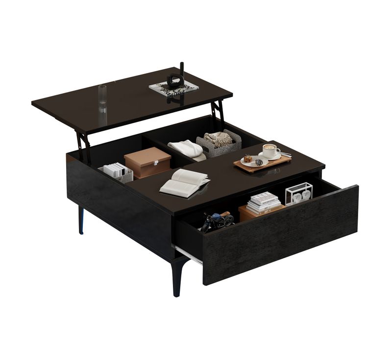 Table Basse Relevable 70x70x35cm, Plateau Réglable 48,5cm, Tiroir, Rangement Caché, LED, Mdf, Noir