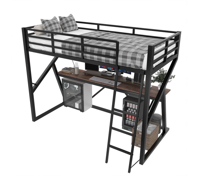 Lit Mezzanine 90x200 Cm, LED Multicolore, Bureau, Garde-corps, Échelle, Métal, Mdf, Noir + Brun