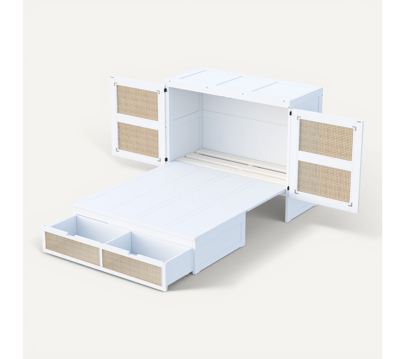 Lit Double 140x200 Cm, Gain De Place Avec 2 Tiroirs Et Ouverture 270 Degrés, Bois, Mdf, Blanc+bois