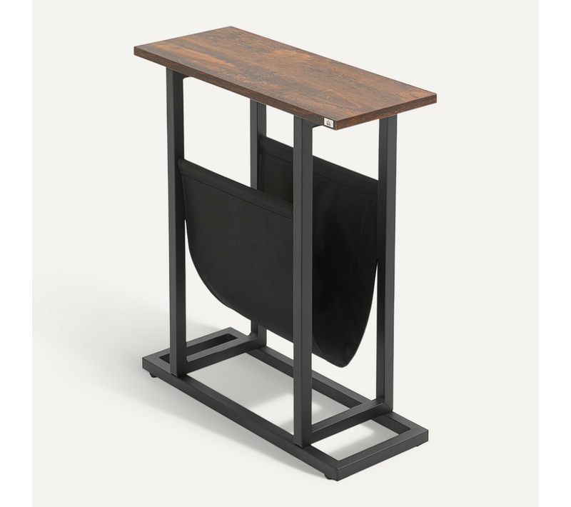 Table D Appoint 49x19x55 Cm, Compacte Avec Poche De Rangement, Acier Et Polyester, Marron Et Noir
