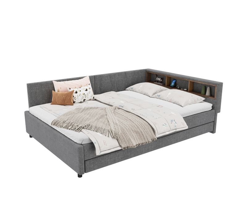 Lit Gigogne 140x200+90x190 Cm, Lit Extensible Avec LED Et Ports USB Type C, Lin Et Mdf, Couleur Gris