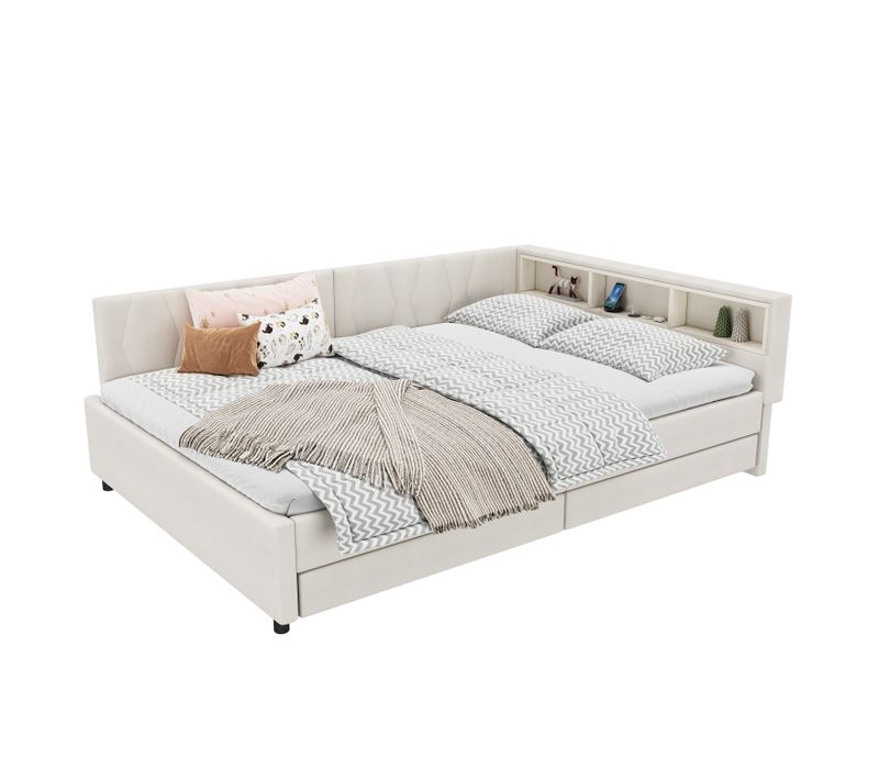 Lit Double 140x200 Cm Avec Rangement, LED Et Ports USB, 2 Tiroirs, 3 Niches, Lin Et Mdf, Beige