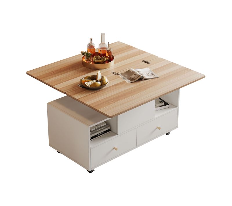 Table Basse Relevable 100x50x47,5 Cm, Plateau Extensible, 4 Tiroirs, Mdf, Blanc+bois