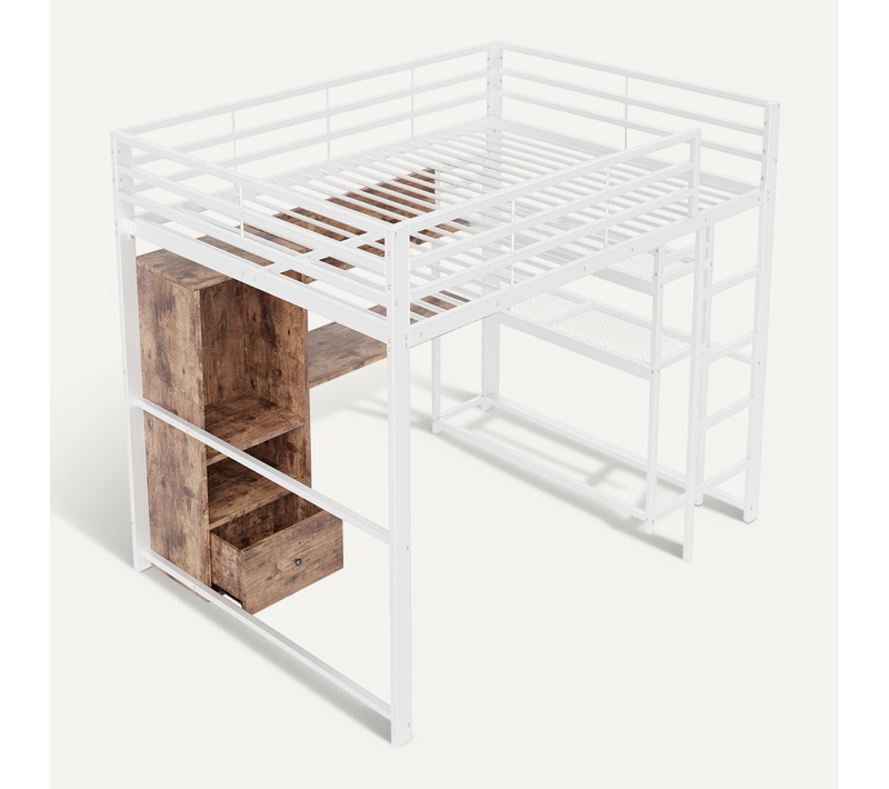 Lit Mezzanine 140x200 Cm, Bureau, 1 Tiroir, 2 Niches, LED Multicolore, Métal Et Mdf, Blanc+brun