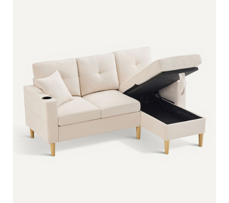 Canapé D'angle 175x129x90 Cm, Chaiselongue Réversible, Rangement, Porte-gobelets, Coton-lin, Beige