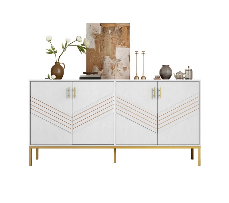 Buffet 160x40x80.5cm, Moderne, Pied De Buffet, Étagère à Hauteur Réglable, Mdf, Blanc+doré