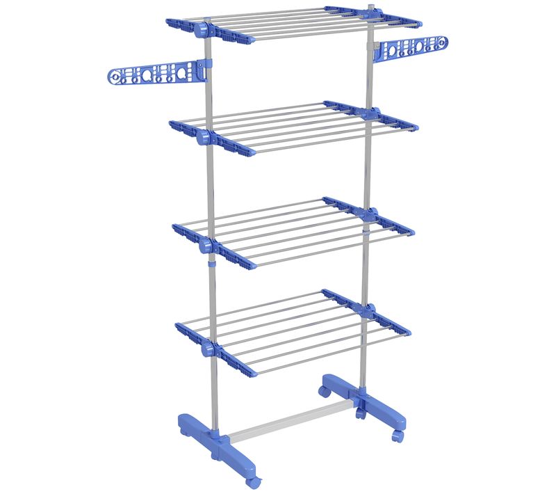étendoir à Linge à Roulettes 2 Niveaux, Ailes Pliables Et Barre Réglable, Acier Inoxydable, Bleu