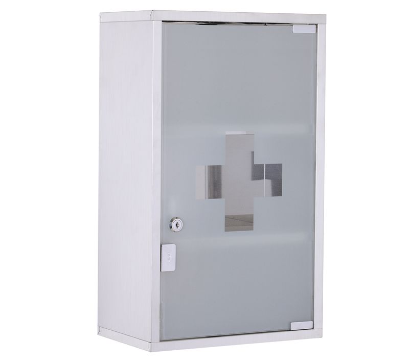 Armoire à Pharmacie 30x12x60 Cm, Porte Verrouillable En Verre Satiné, Acier Inoxydable, Argent