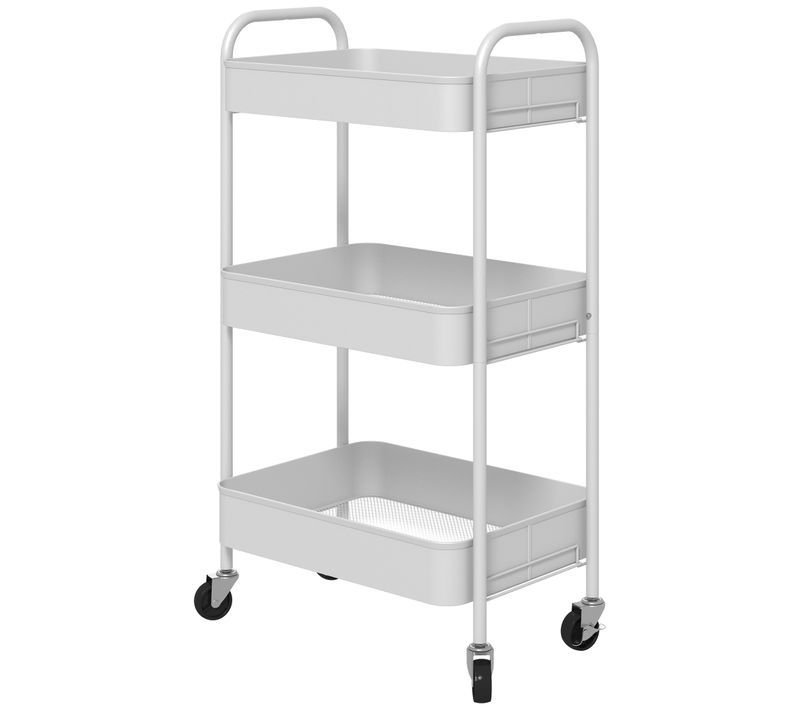 Desserte De Rangement 45 X 30,6 X 79 Cm, 3 Paniers, Roulettes Avec Freins, Acier, Blanc