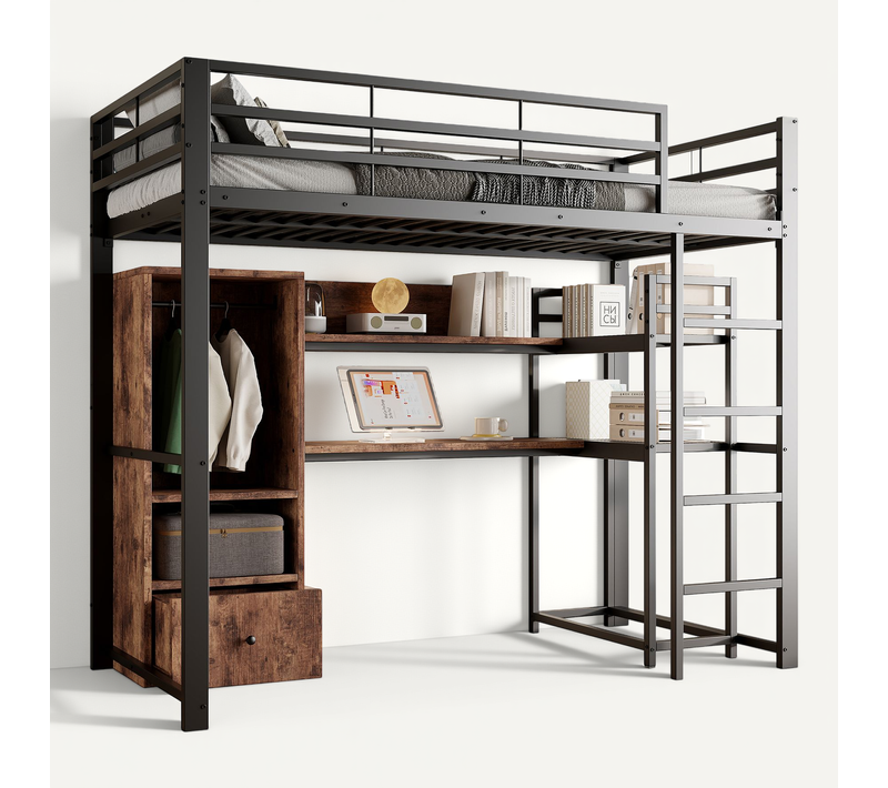 Lit Mezzanine 140x200 Cm, Tiroir, Bureau Spacieux, LED, Rangements Ouverts, Métal Et Mdf, Noir