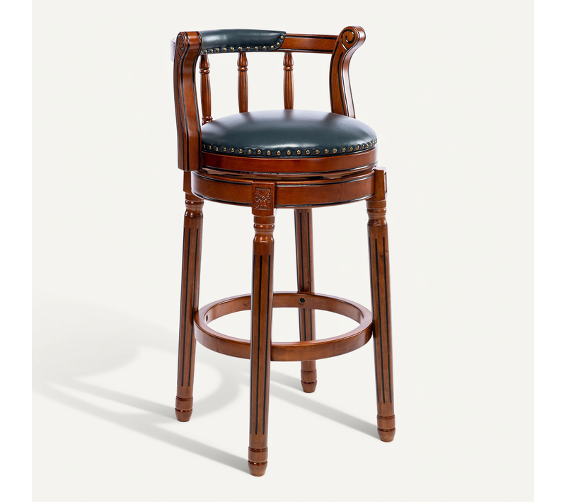 Tabouret De Bar Pivotant, Hauteur Assise 75 Cm, Dossier Confortable, Cuir Véritable, Bois, Bleu+brun