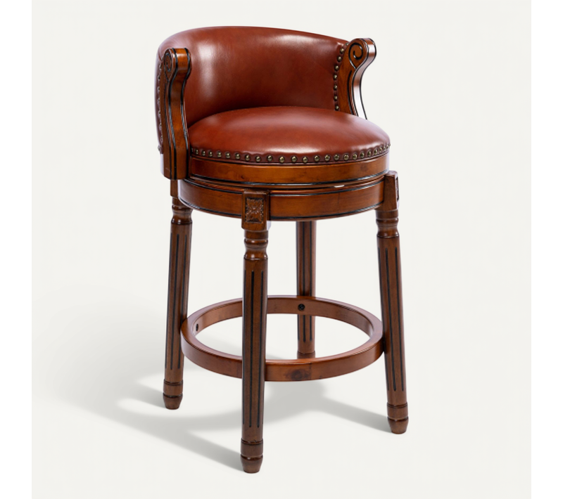 Tabouret De Bar 55.1x51.1x83.1 Cm, Pivotant 360, Dossier Confort, Cuir Véritable Et Bois, Brun