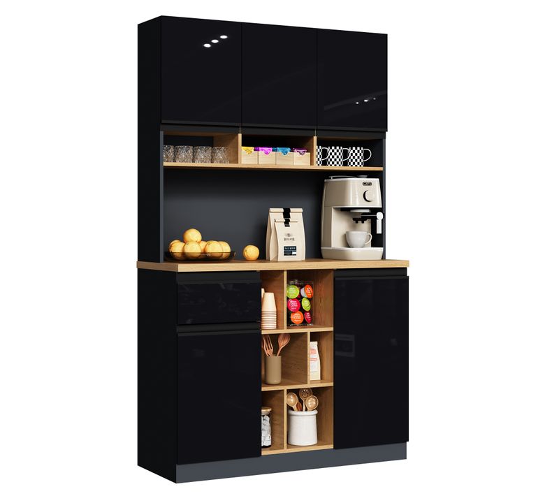 Buffet Haut De Cuisine 105x45x185 Cm, Rangement Modulable, 9 Niche, 5 Portes, Tiroir, Mdf, Noir+bois