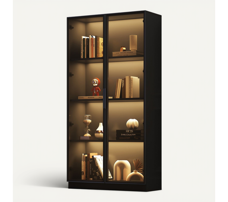 Vitrine 80x40x160 Cm, LED Pilotable Par Application, Pb, 2 Portes En Verre, Cadre Aluminium, Noir