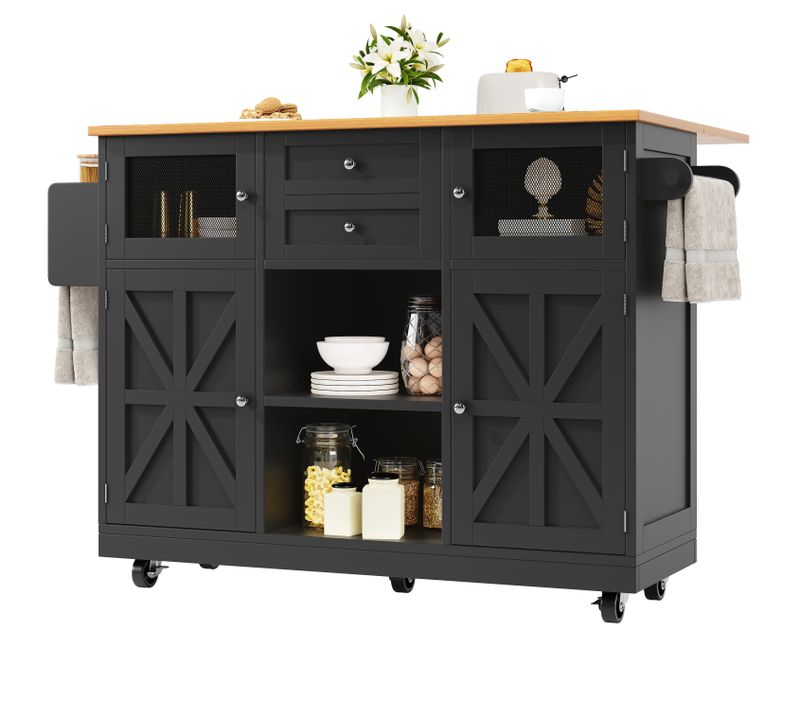 Îlot De Cuisine 140x40x93,5 Cm, Plateau Rabattable, 1 Tiroir, 2 Portes, Étagère, Mdf, Noir+bois