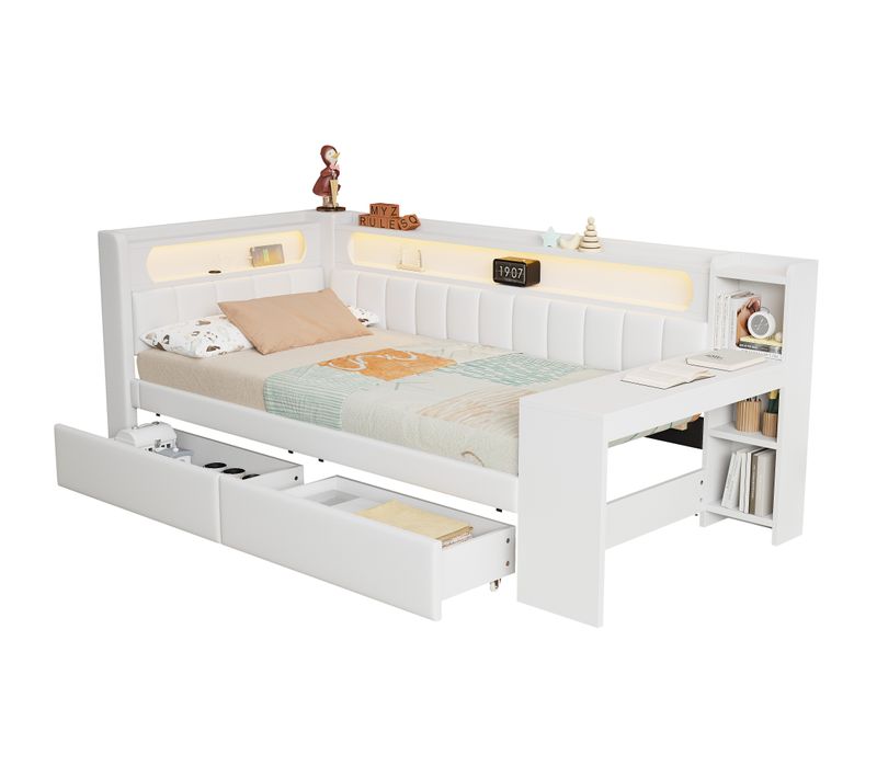 Lit Simple 90x200 Cm, LED Multicolore Et Ports USB, Bureau, 2 Tiroirs, Mdf, Lin, Blanc