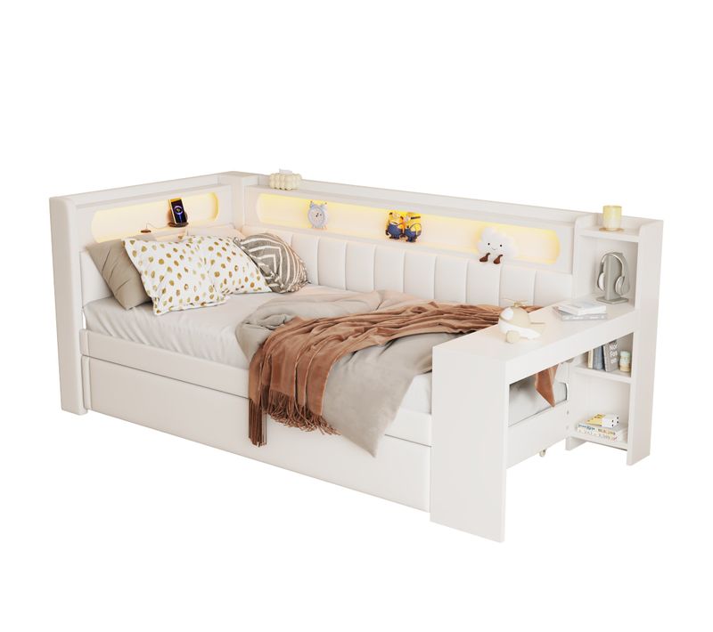 Lit Gigogne 90x200cm, LED Multicolore, USB, Bureau, Compartiments De Rangement, Mdf, Blanc