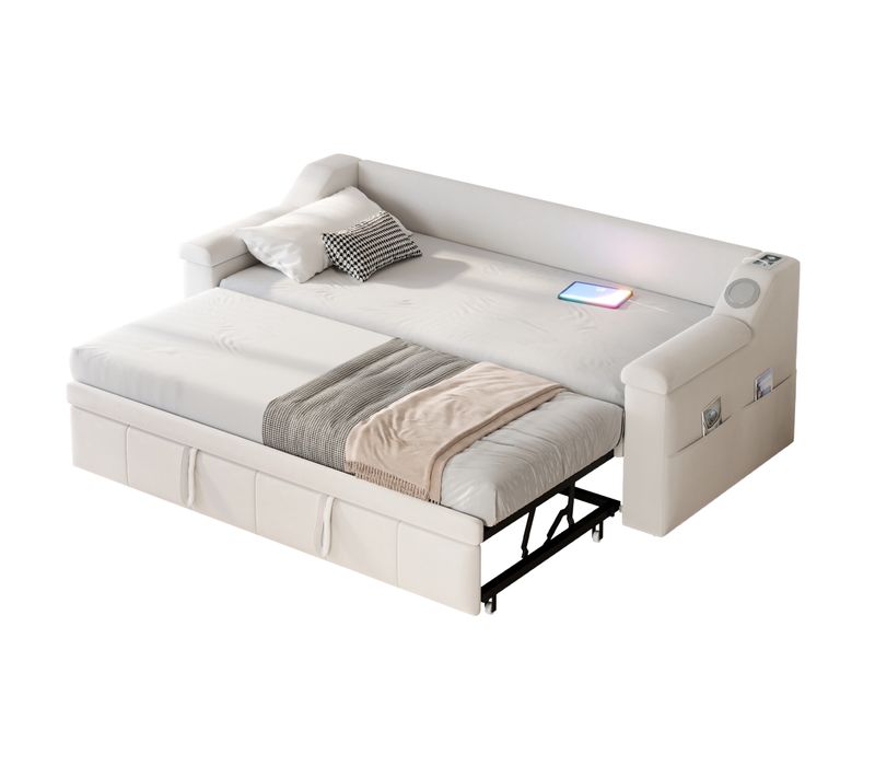 Canapé-lit 90/180x190 Cm, Lit Gigogne, Système Stéréo Bluetooth, Port USB, 4 Poches, Velours Beige