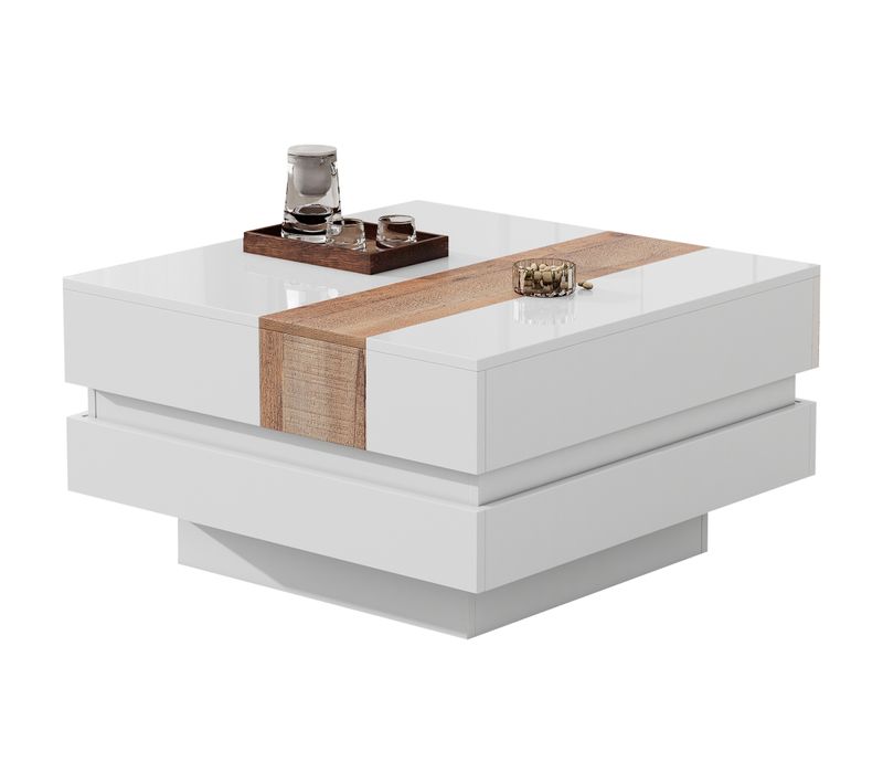 Table Basse Extensible 70x70x39 Cm Avec Rangement Caché, Motif Bois, Panneaux De Particules, Blanc