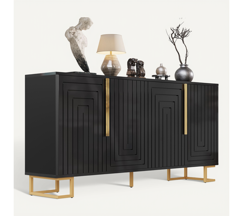 Buffet Bas 152x40x75 Cm, Rangement 4 Portes 4 Compartiments, Mdf, Métal, Poignées Dorées, Noir+doré