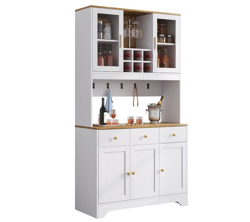 Buffet Haut 94,5 X 30 X 175,5 Cm, 5 Portes, 3 Tiroirs, Vitrines En Verre, Mdf Blanc, Style Rustique
