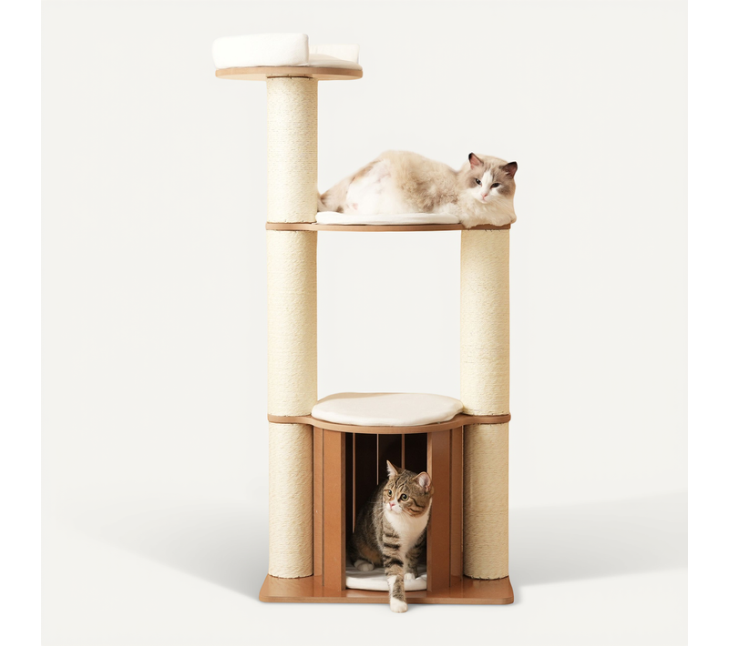 Arbre À Chat 60x48x135 Cm, 3 Plateformes Et 1 Niche Pour Chat, Mdf, Couleur Blanc+brun