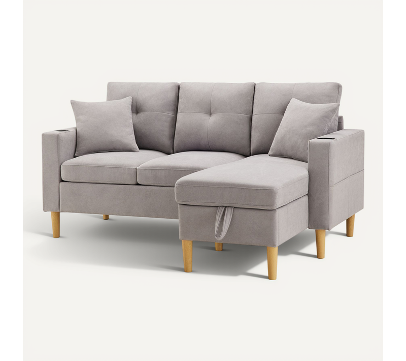 Canapé D'angle 175x129x90cm, Réversible, Coffre Et Porte-gobelets, Coton-lin, Gris Clair, 2 Coussins