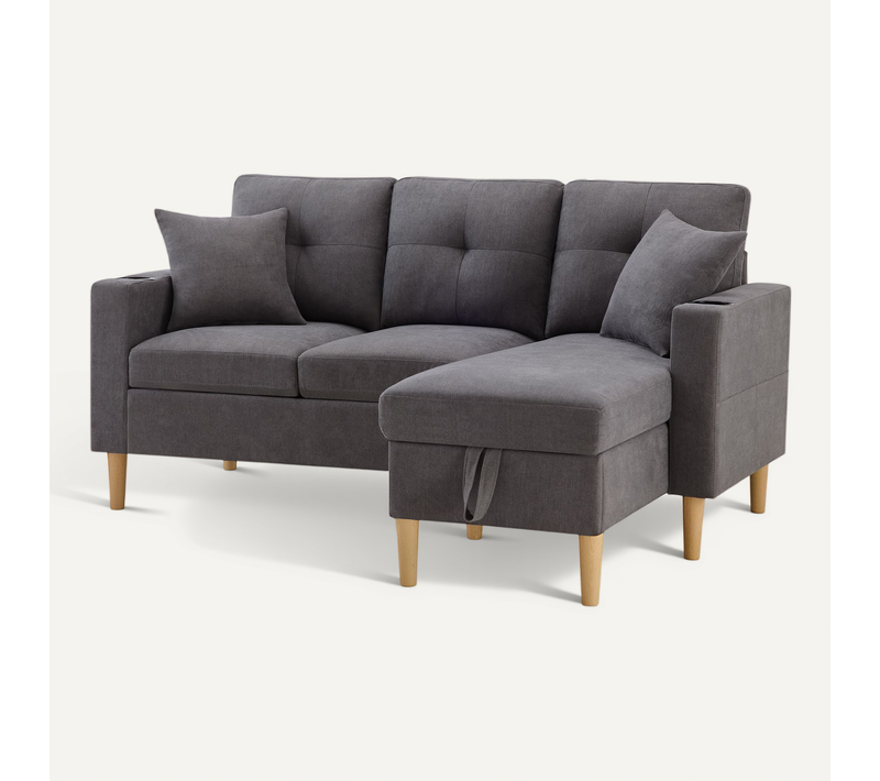 Canapé D'angle 175x129x90 Cm, Chaiselongue Réversible, Coffre, Porte-gobelets, Coton-lin, Gris Foncé