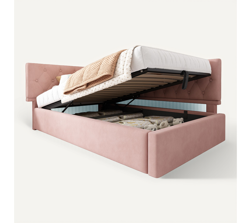 Lit Coffre 90x190 Cm, Lit Enfant, Design En L, Rangement Caché,, Métal, Bois, Velours, Rose