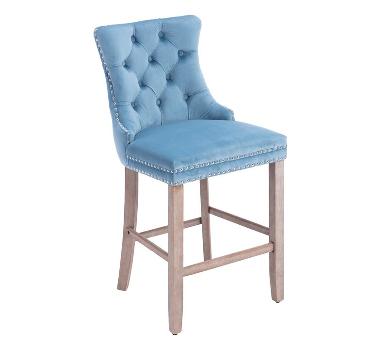 Lot De 2 Chaises De Bar 60x49,5x103,5 Cm, Dossier Haut, Rivets, Velours, Pieds Bois, Bleu Clair